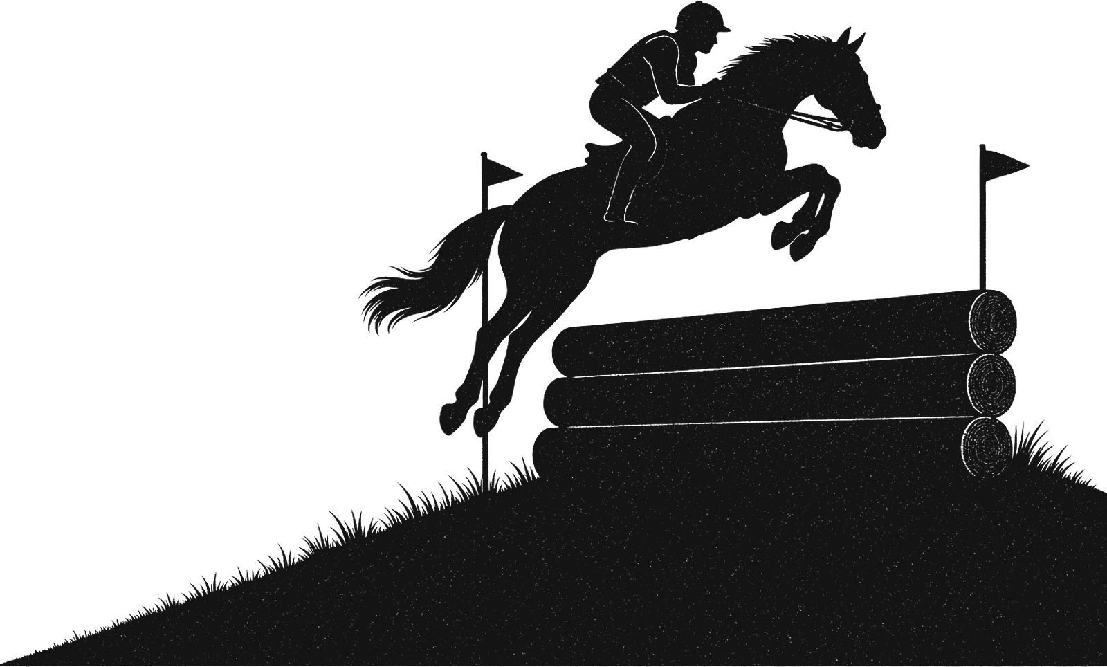 An event rider and horse in the air over a stacked-log cross-country fence on a hillside